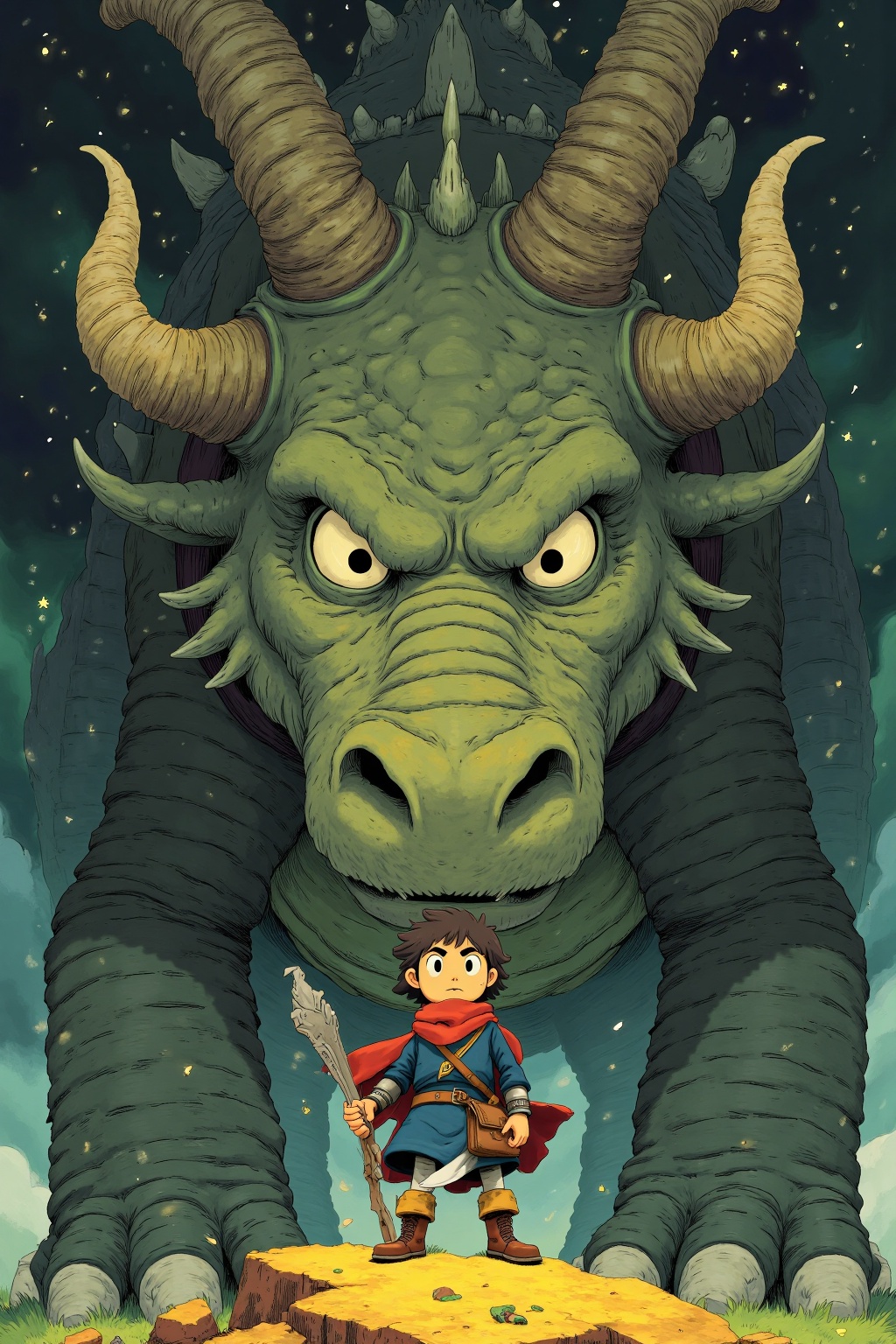beijihui,An animated illustration of a boy standing in front of a giant dragon. The boy is dressed in a blue shirt,blue skirt,and brown boots. He is holding a sword in his right hand. He has a red scarf around his neck,and a brown bag on his hip. The dragon's head is adorned with large horns,and its eyes are wide open. The horns are protruding from the top of the head,and the horns are a light brown color. The man's hair is dark brown,and he is wearing a brown belt around his waist. The background is a dark blue,and there are small white stars in the sky.,
