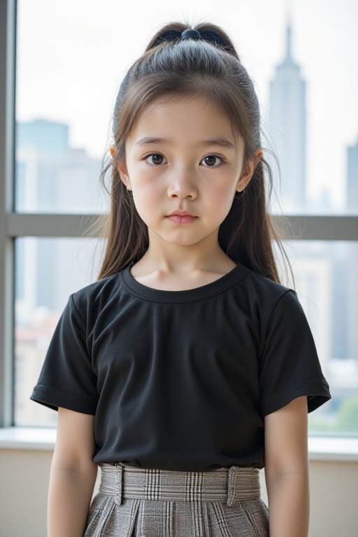 <lora:20251203_TinFlux1AgeSliderLora:-1>This is a photograph of a young girl with fair skin and long, straight dark hair tied in a high ponytail with a black ribbon. She has a petite frame with a small bust and is wearing a black, fitted short-sleeve top and a high-waisted plaid skirt. Her makeup is minimal, highlighting her natural beauty. She stands in front of a large window showing a cityscape with tall buildings. The room is brightly lit, suggesting daytime.