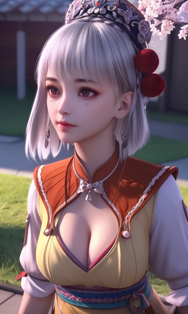 (,1girl, ,best quality, ),looking at viewer, <lora:433-DA-少年歌行-小白:0.8> ultra detailed background,ultra realistic 8k cg,ultra detailed 8k cg,masterpiece,upper body,  (( , )),, ,science fiction,mole, ultra realistic 8k cg, ,    ,outdoors, sun,sunlight, cherry blossoms,      (cleavage), (),