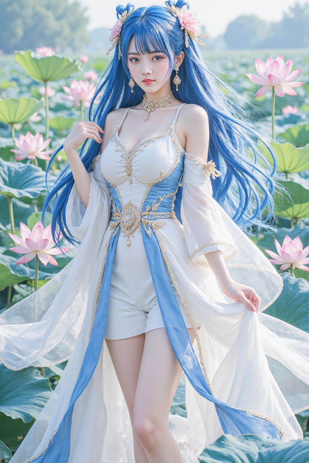 1girl, jewelry, lotus, solo, flower, long hair, hair ornament, dress, full body, earrings, blue hair