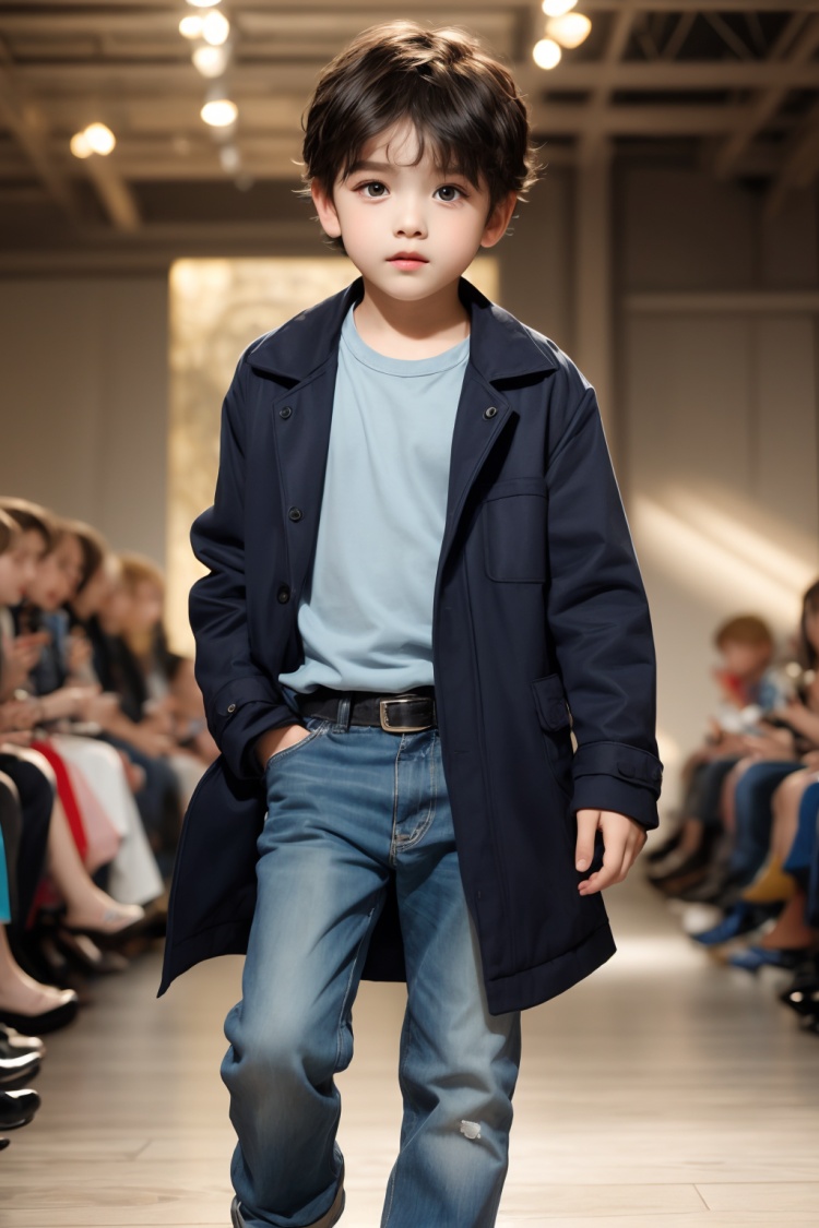 1boy,(Catwalk Pose:1.2,fashion show),(child:1.6),(little boy:1.7),