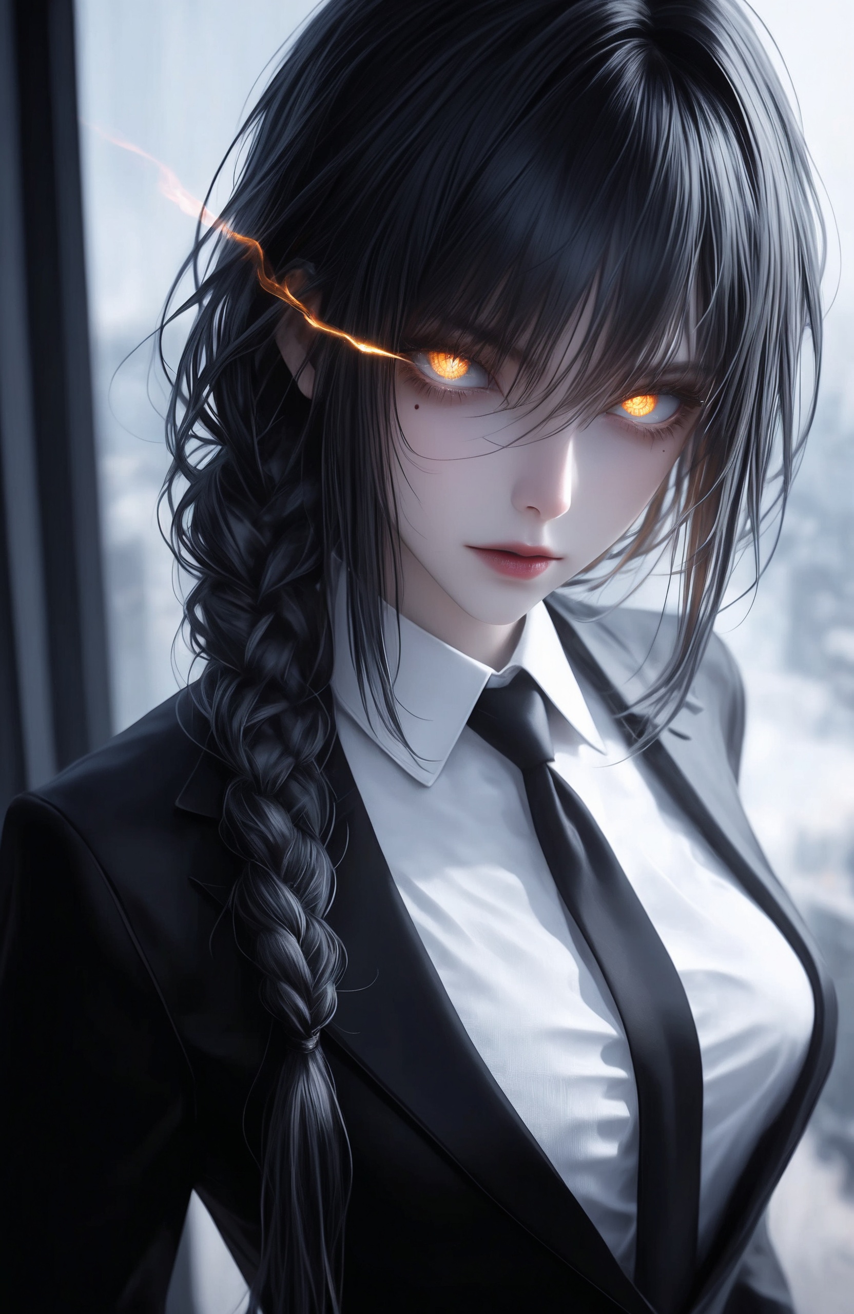 <lora:超质感CG-IL:0.8>1girl, solo, long hair, looking at viewer, bangs, shirt, black hair, jacket, yellow eyes, white shirt, upper body, braid, necktie, collared shirt, mole, hair over one eye, lips, orange eyes, mole under eye, glowing, formal, suit, glowing eyes, black necktie, red lips, blinds, realistic style photo,outstanding style,Use soft lighting to cast gentle shadows on the subject,adding a touch of dimension to your images without compromising details,whirls of vapor,(Anime:1.1),soft neon light,ethereal ambiance,delicate details,magical atmosphere,concept art,highly detailed,ultra-high resolution,32K UHD,sharp focus,best-quality,masterpiece,golden hour,unconventional supreme masterpiece,masterful details,temperate atmosphere,with a high-end texture,in the style of fashion photography,magazine style,Dynamic Angle,Dynamic posture,magazine style,Dynamic Angle,Dynamic posture,(cowboy_shot:1.2),eye trail,depth of field,cinematic lighting,lens flare,close-up,extreme aesthetic,(wlop:0.6),(honjou raita,lack,rella,wanke:0.5),masterpiece,best quality,good quality,newest,year 2025,very aesthetic,absurdres,Visual impact,A shot with tension,ultra-high resolution,32K UHD,sharp focus,best-quality,masterpiece,Emotionalization,unconventional supreme masterpiece,masterful details,temperate atmosphere,with a high-end texture,in the style of fashion photography,(Visual impact:1.2),giving the poster a dynamic and visually striking appearance,