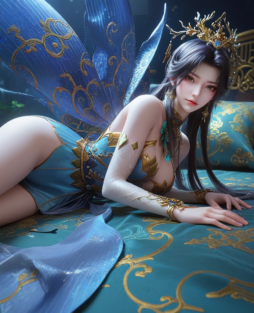(oriental architecture, elegant decor, sophisticated style:1.1),(Spread-eagled on a bed, lying,:1.1),cut-in,(large breasts:1.2),shoes,<lora:XL16云深不知梦羲和罄水珠:0.95>,miss xihe,blue corset tiered gown,mole under left eye,black hair,traditional chinese updo with long front strands,absurdly long hair,hair ornament,jewelry,elbow gloves,fairy wings,bracelet,bare shoulders,, score_9,score_8_up,score_7_up,score_6_up,score_5_up,score_4_up,3d rendering,tag1,tag2, Cinematic Lighting,backlighting,