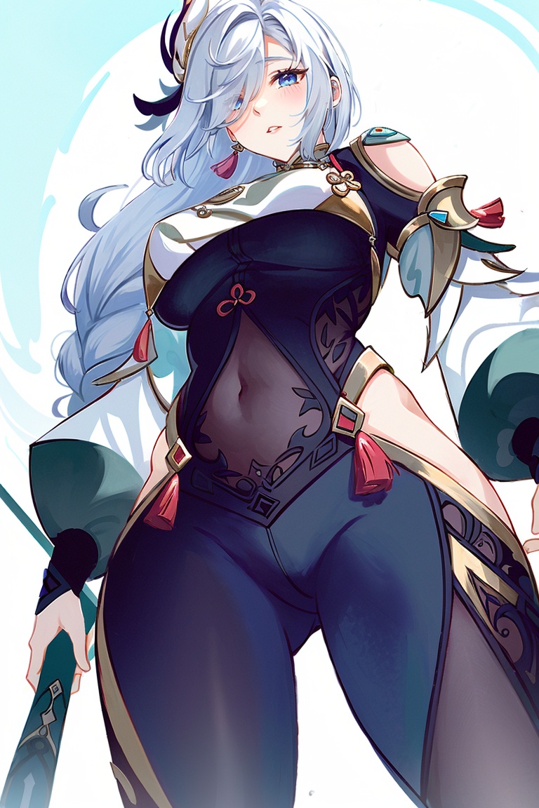((HRD, HUD, 8K)),((masterpiece, best quality)), highly detailed, soft light,ShenHe, 1girl, solo, shenhe (genshin impact), breasts, hair over one eye, weapon, long hair, blue eyes, bodysuit, large breasts, covered navel, looking at viewer, breast curtain, polearm, hair ornament, hip vent, bangs, thighs, white hair, black bodysuit, parted lips, braided ponytail, from below, tassel, clothing cutout, puffy long sleeves, long sleeves, very long hair, gloves, braid, shoulder cutout,  <lora:20240630-1719732786968:0.8>