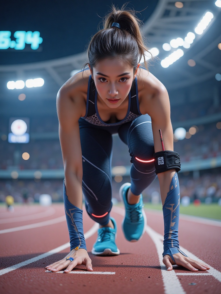 A mixed-race athlete is depicted in a smart running track composition,wearing biomechanical compression gear with a blue-to-black gradient material that presents a semi-transparent honeycomb structure at the joints. She leans forward in a starting stance,with the **** of her left sneaker spraying nitrogen boost trails,while a fitness monitoring ring on her right wrist projects holographic data. Optical fibers woven into her high ponytail emit pulsing red light as speed increases,and pressure sensors on the straps of her sports bra are adjusting support levels. In the background,a circular LED screen displays a virtual audience stand,and a floating timer continuously updates its digits. Her face,filmed in slow motion,has perfect spherical droplets of sweat refracting the stadium lights.,
