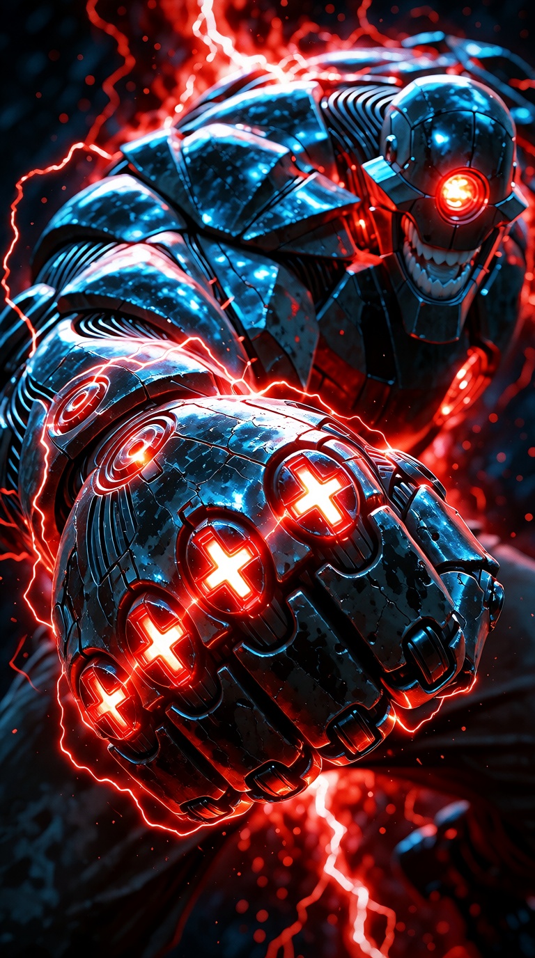 Cyborg strikes with his fist. The fist glows with red lightning. The moment of impact is visible,  half of the frame is oc...