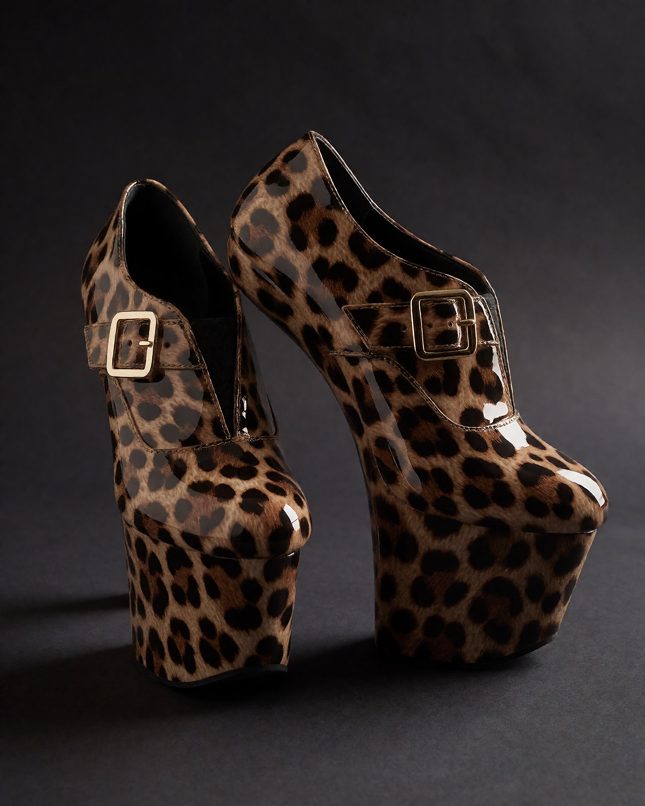 Dramatic low-angle product beauty shot on dark charcoal surface: a matched pair of leopard-print patent heelless shoes arr...