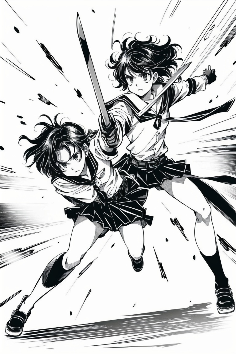 ((HRD, HUD, 8K)),((masterpiece, best quality)), highly detailed,Fight, 1girl, monochrome, greyscale, weapon, school uniform, sword, serafuku, katana, multiple boys, blood, 2boys, skirt, battle, belt, holding, short hair, duel, <lora:20240514-1715656820714:0.8>