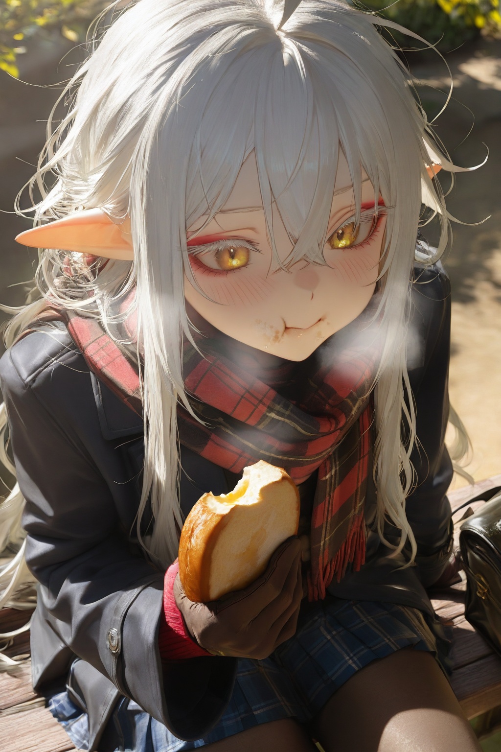 highres,absurdres,very awa,masterpiece,best quality,year 2024,newest,flat color,lineart,chiaroscuro,Natural Light,Mood Lighting,cinematic lighting,volumetric lighting,ray tracing,dramatic shadows,dappled light,photo background,\\,1girl,solo,<lora:Zombie-Style-000059:0.9>,\\,(face focus:1.5),simple background,(close-up:1.5),(portrait:1.1),upper body,1girl,solo,elf ears,very long hair,white hair,hair between eyes,(messy hair:1.3),ahoge,yellow eyes,red eyeshadow,long sidelocks,White dense eyelashes,sitting,outdoors,bag,bread,plaid scarf,gloves,long sleeves,black footwear,crossed legs,black coat,brown pantyhose,breath,pleated skirt,blue skirt,plaid skirt,blush,holding,eating,