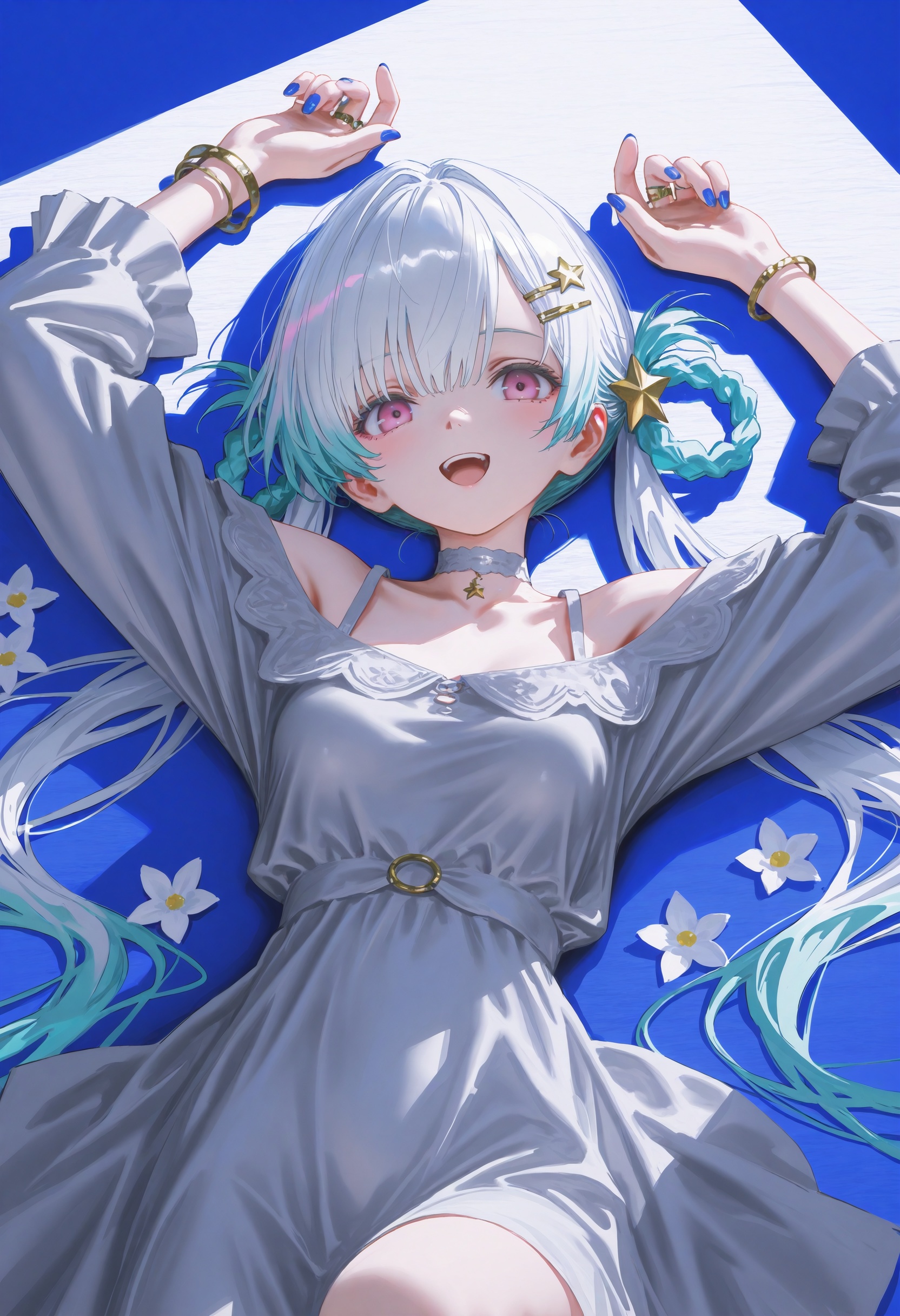masterpiece,best quality,wanke, impressionism, stu dts, infukun, reoen, shion \(mirudakemann\), wlop, (isshiki \(ffmania7\):0.9),1girl, solo, long hair, looking at viewer, bangs, hair ornament, jewelry, purple eyes, braid, twintails,multicolored hair, choker, hairclip, pink eyes, off shoulder, star \(symbol\), nail polish, bracelet, aqua hair, ring, hair rings, star hair ornament,long hair, breasts, blush, smile, open mouth, breasts, open mouth, long sleeves, dress, very long hair, flower, white hair, lying, on back, white dress, arms up, white flower, grey dress ,backlighting,blue and white theme,