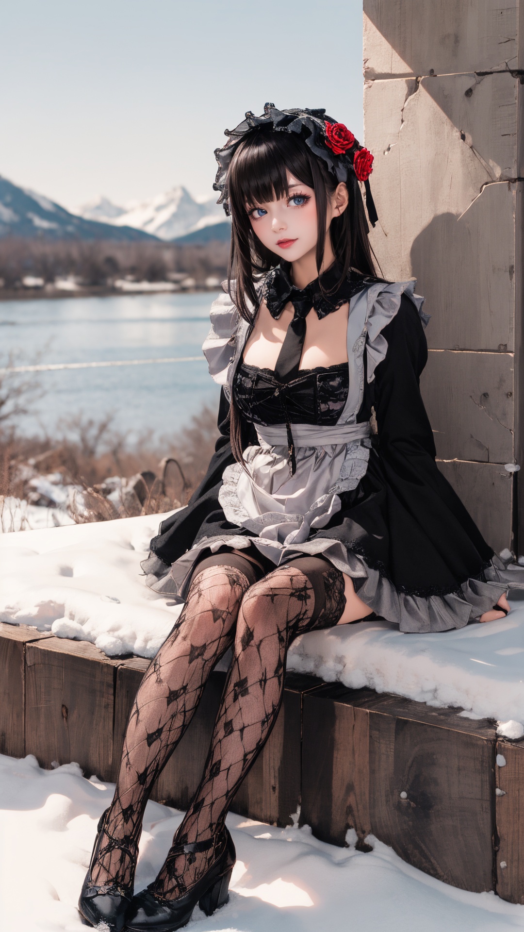 tutututu,1girl,solo,Kuroe Shizuku,lolita fashion,apron,pantyhose,gothic lolita,black dress,frills,hair flower,hair ornament,chain leash,black nails,wide sleeves,lace trim,long sleeves,rose,black footwear,black necktie,maid,fishnets,maid headdress,detached collar,red flower,thighhighs,hairband,chain,floral print,lolita hairband,garter straps,black thighhighs,lace,<lora:Kuroe Shizuku_Lolita-000007:0.5>,masterpiece,best quality,winter,snow field,1girl,bangs,blue eyes,blunt bangs,bonnet,brown footwear,brown hair,dress,frills,fruit,full body,hat,long hair,long sleeves,looking at viewer,pantyhose,purple dress,red flower,red rose,rose,shoes,sitting,solo,sky,sun,mountain,forest,lake,