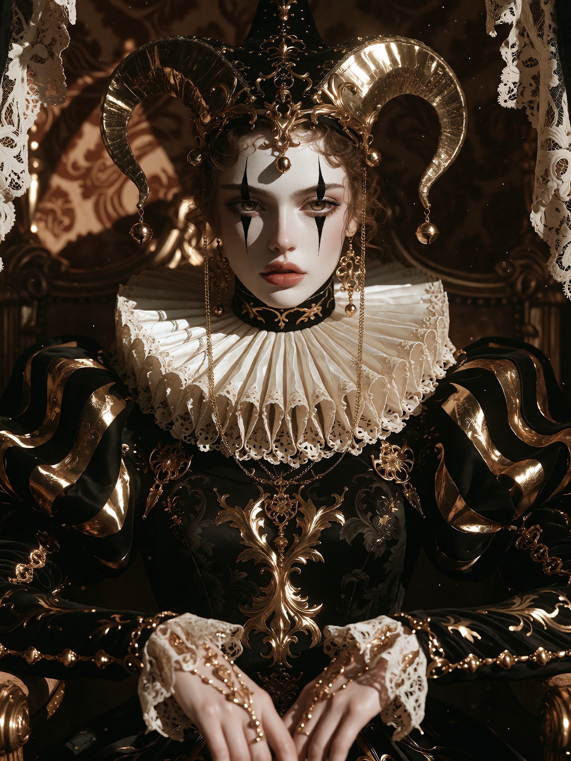 Cinematic fashion photography,  baroque fantasy illustration,  a hauntingly ethereal court jester woman on Tensor.Art