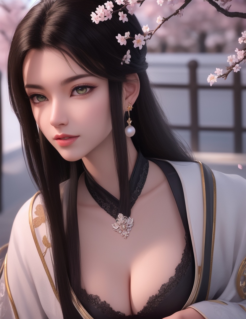 ultra realistic 8k cg, picture-perfect face, flawless, clean, masterpiece, professional artwork, famous artwork, cinematic lighting, cinematic bloom, perfect face, beautiful face, fantasy, dreamlike, unreal, science fiction, huge breasts, beautiful clothes, lace, lace trim, lace-trimmed legwear,  (rich:1.4), prestige, luxury, jewelry, diamond, gold, pearl, gem, sapphire, ruby, emerald, intricate detail, delicate pattern, charming, alluring, seductive, erotic, enchanting, hair ornament, necklace, earrings, bracelet, armlet,halo((,1girl, pov,))(((cherry_blossoms, branch, 1girl, tree, spring_\(season\), solo, petals, black_hair, japanese_clothes,looking at viewer, )))     <lora:DA_YueYaoMenswear:0.6>