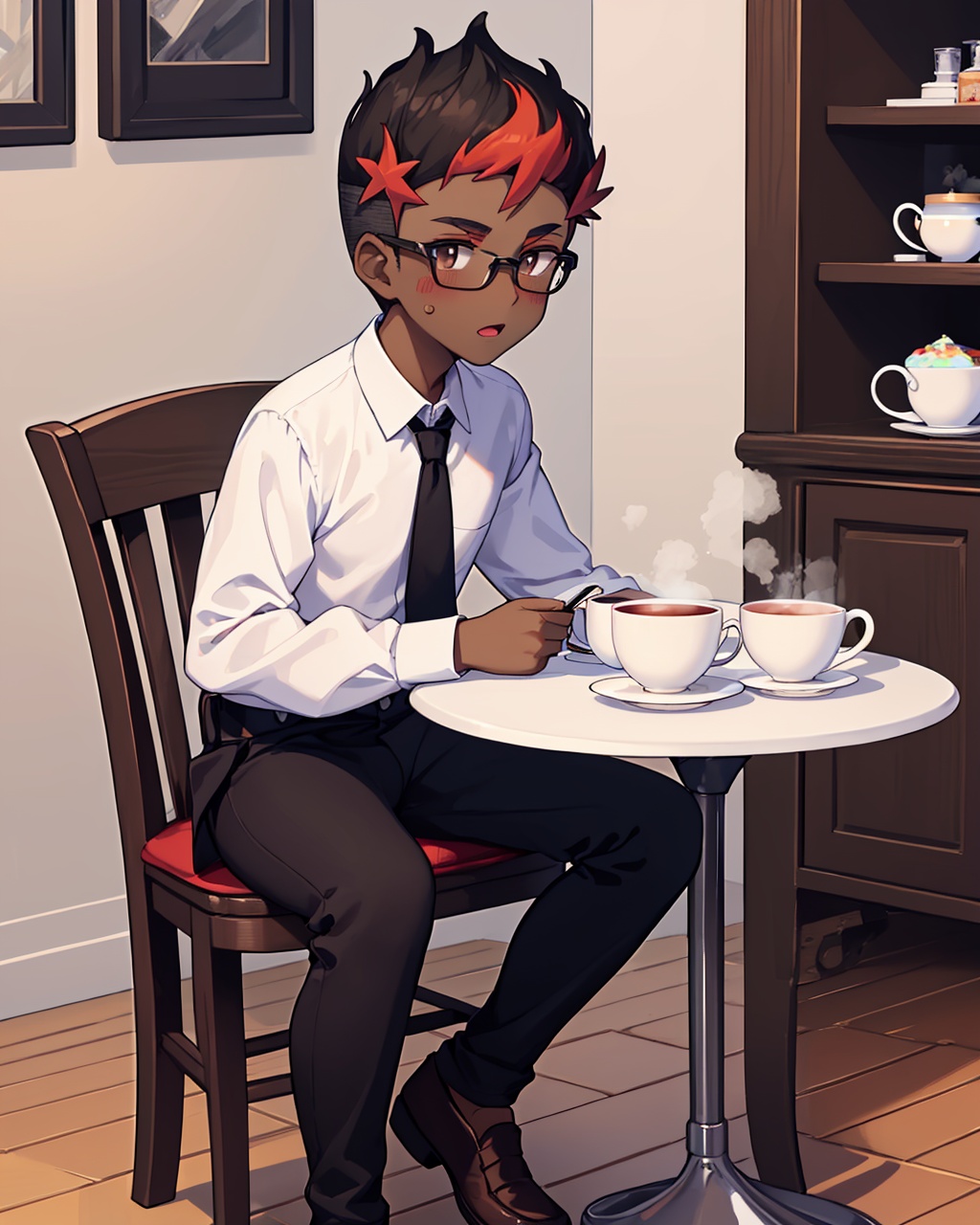 masterpiece,best quality, highly detailed, kiawe (pokemon),male focus, 1boy, dark-skinned male, white shirt, brown footwear, shoes, steam, closed mouth, necktie, solo, sitting, star (symbol), teacup, collared shirt, saucer, black-framed eyewear, alternate costume, mug, undercut, black pants, sugar cube, blush stickers, blush, bespectacled, long sleeves,<lora:kiawe_(pokemon):1>