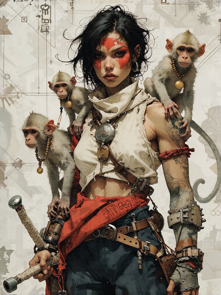 Bradhamel art style. A fierce,  tattooed woman with dark hair and red facial markings stands center-frame,  wearing layere...