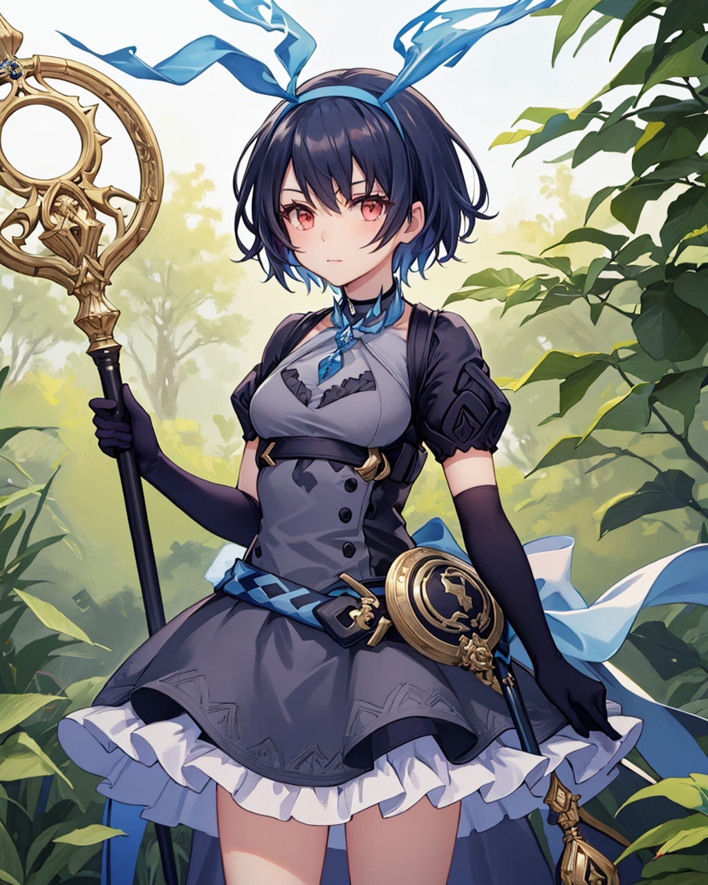 masterpiece,best quality, highly detailed, alice (sinoalice),1girl, puffy short sleeves, black dress, elbow gloves, solo, looking at viewer, black gloves, forest, bush, standing, cowboy shot, outdoors, closed mouth, tree, holding staff, frilled dress, hairband, medium breasts, rabbit, hair ribbon, choker, buttons, stuffed bunny, crown,<lora:alice_(sinoalice):1>