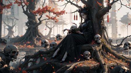 1girl,solo,full body,many skulls,tree,branch,china dress,zhongfenghua,black_theme,spider legs,terror theme,spizzy,forest,<lora:麻袋2024-023桃权重0.6-0.8:0.5>,<lora:怪物女王v1.1:0.6>,a huge tree,sitting under a tree,, masterpiece,best quality,ultra-detailed,
