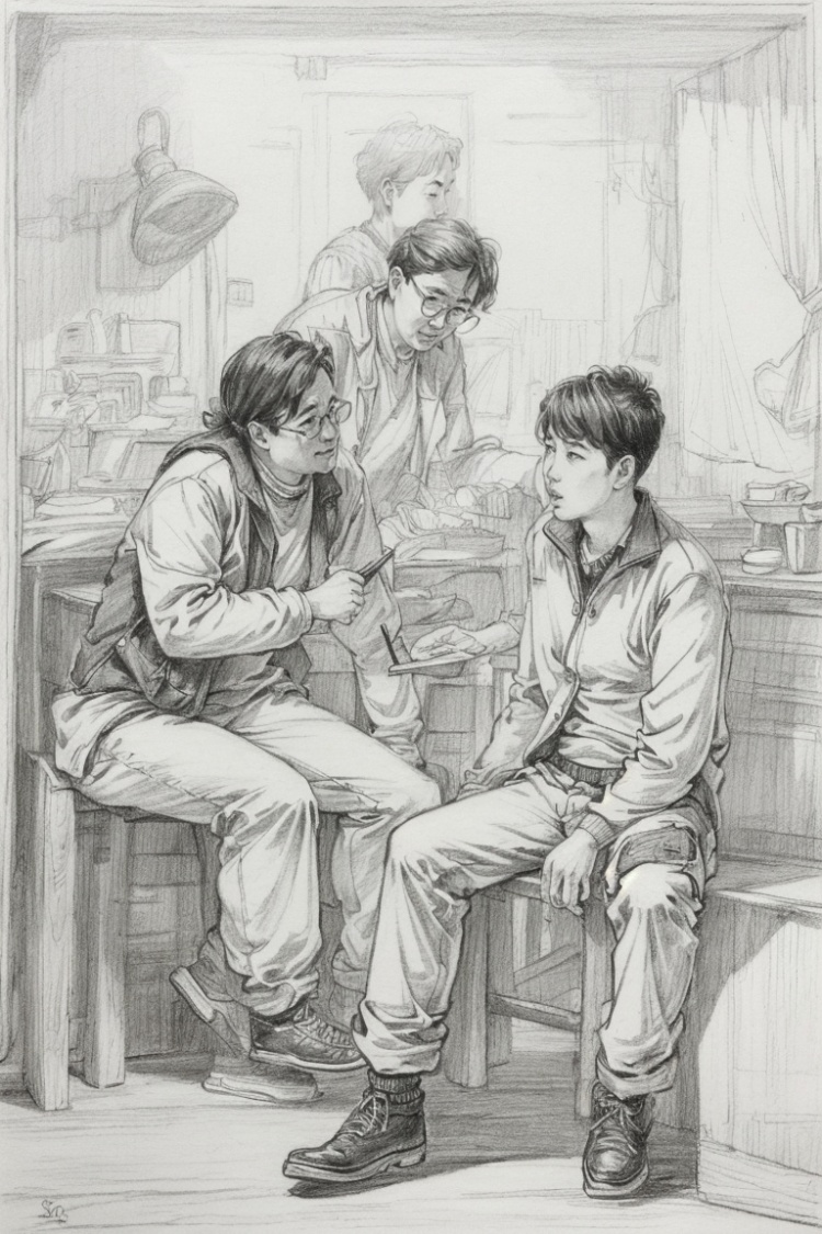 ((HRD, HUD, 8K)),((masterpiece, best quality)), highly detailed, soft light,Sketching - MultipleCharacters, multiple boys, monochrome, traditional media, 3boys, greyscale, sketch, 1girl, glasses, sitting, <lora:20240412-1712917031577:0.8>
