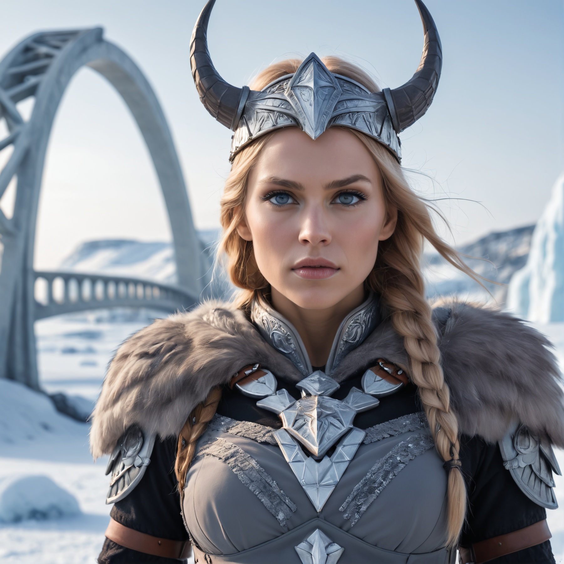 Epic Closeup photo of an Valkyrie In an ice landscape wearing nordic clothes ,  bifröst bridge in background on Tensor.Art