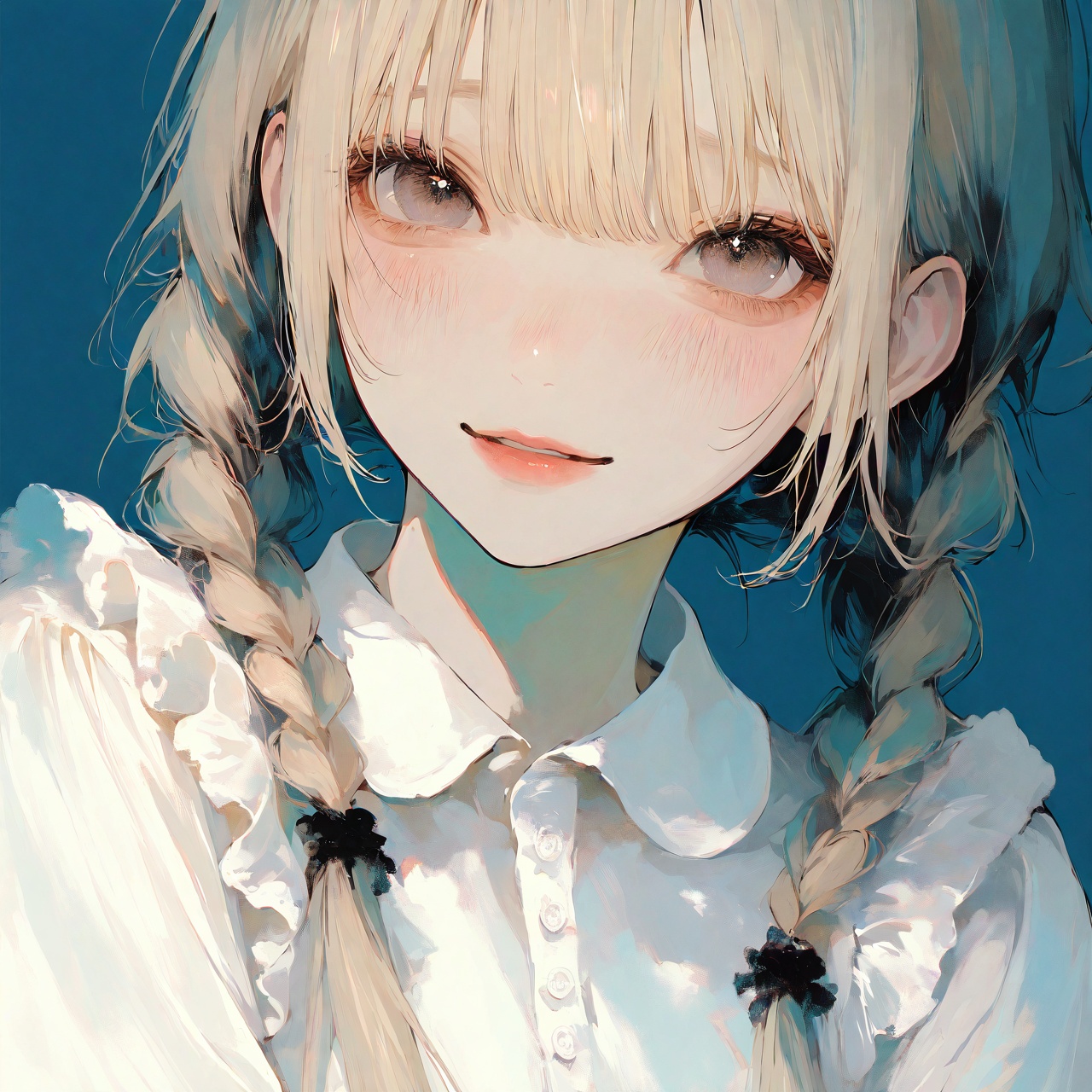 <lora:Tourun ThickPaint Style:0.8>,absurdres,realistic,rim light,wallpaper,best quality,1girl,solo,braid,twin braids,shirt,parted lips,long hair,looking at viewer,blue background,upper body,white shirt,bangs,simple background,blush,frills,blonde hair,lips,collared shirt,grey eyes,twintails,shy,kind_smile,(((smile))),