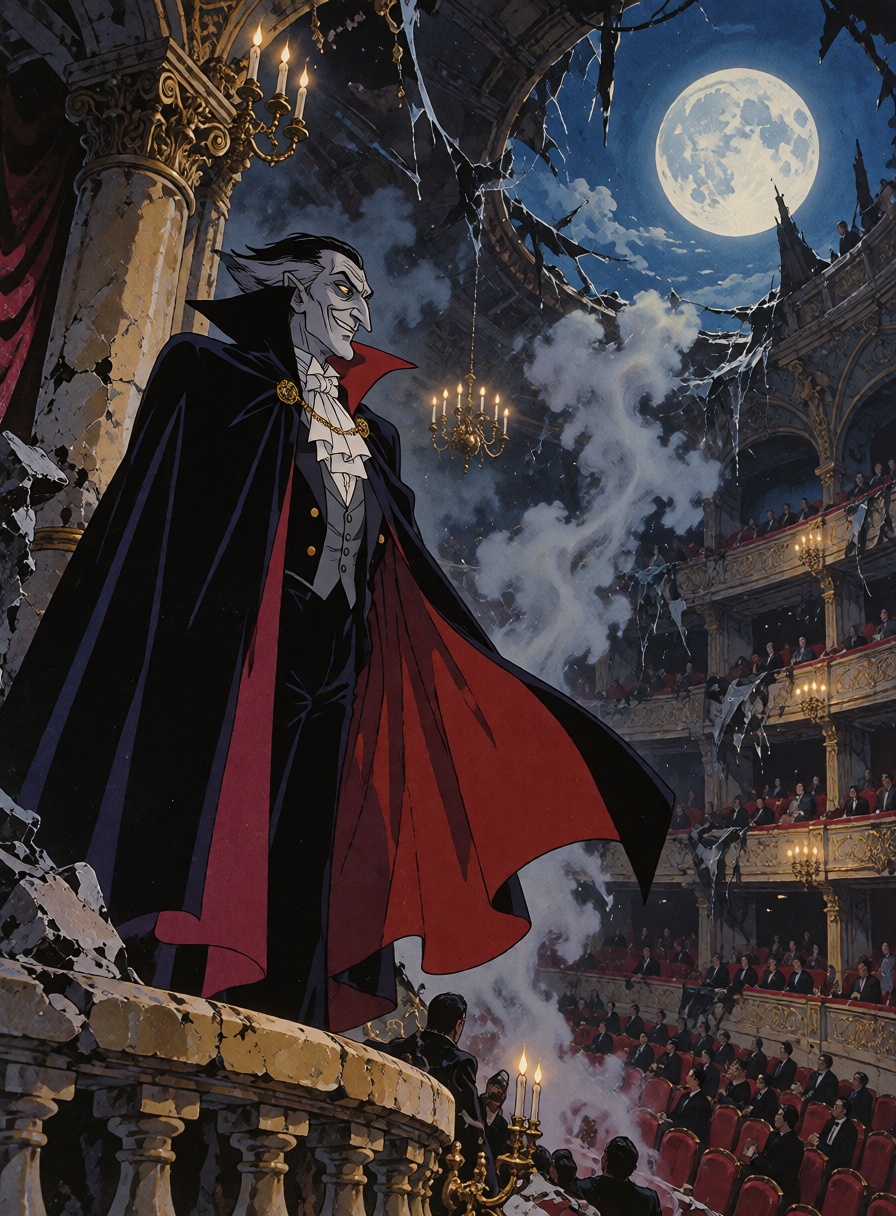 An elegant ***** vampire count wearing a crimson-lined black cape standing on the edge of a ruined opera house balcony,  m...