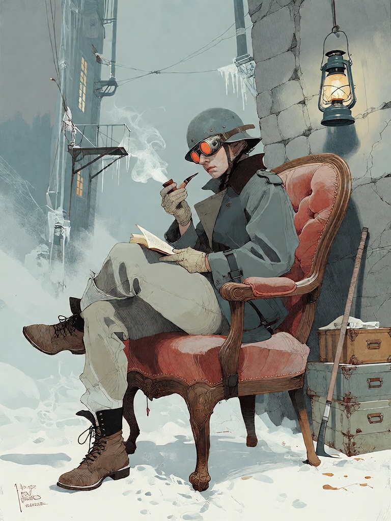 Bradhamel art style. A solitary figure in a dark,  weathered trench coat and heavy boots sits relaxed in a plush,  tufted...