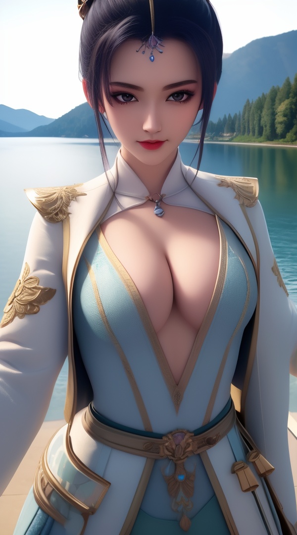 (,1girl, ,best quality, ),looking at viewer, <lora:444-DA-真阳武神-禅银纱-男装:0.8> ,ultra detailed 8k cg, ultra detailed background,  ,masterpiece, (( , )) , lake,upper body,   (cleavage), (), 