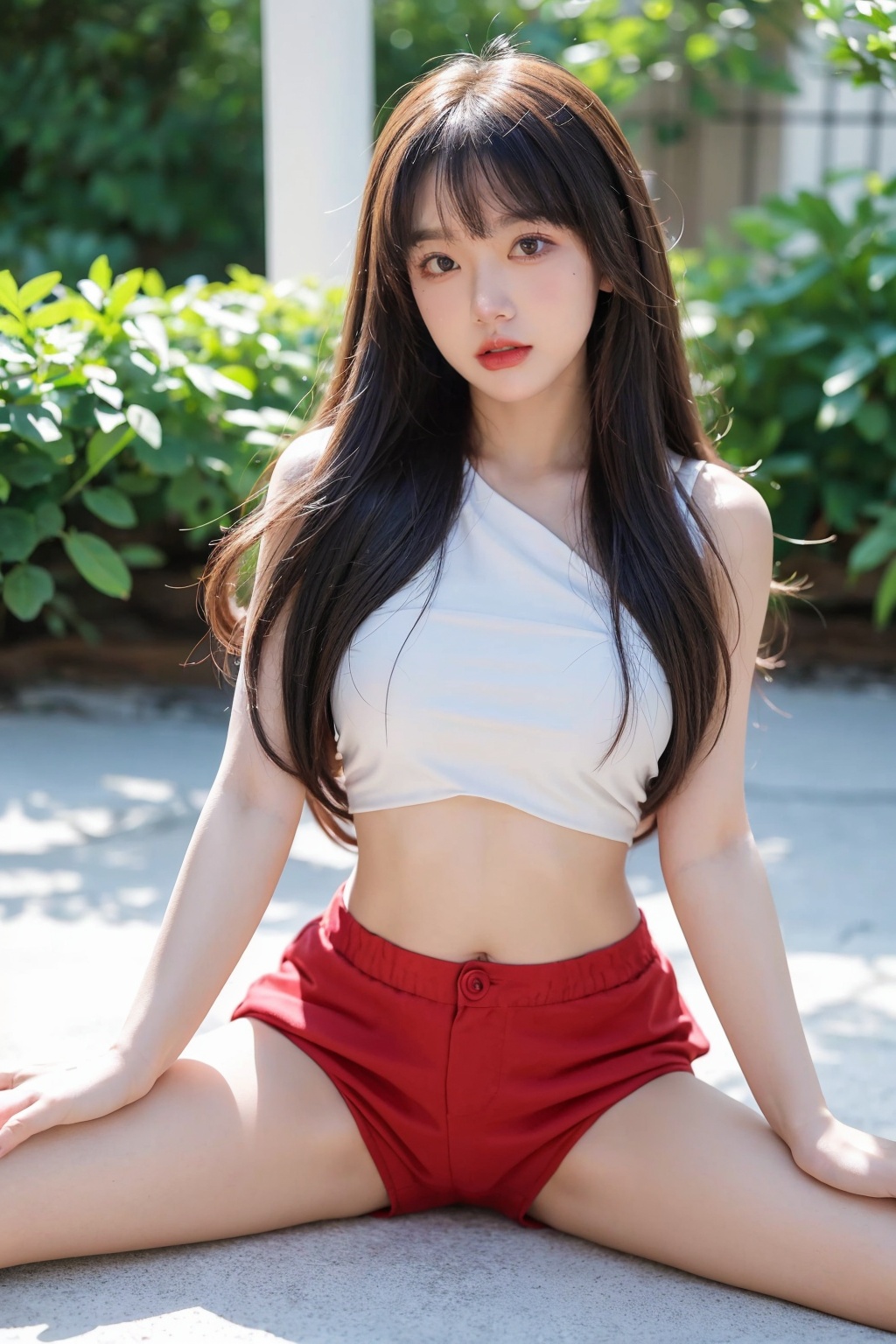Long hair, jewelry, 1girl, looking at viewer, blur, solo focus, bangs,Dresses,Oblique Angle of view,(whole body:1.1),midriff, shorts,sitting,(yizima:1.4),(spread legs:1.4),<lora:YG诱惑舞蹈姿势02:0.75>,