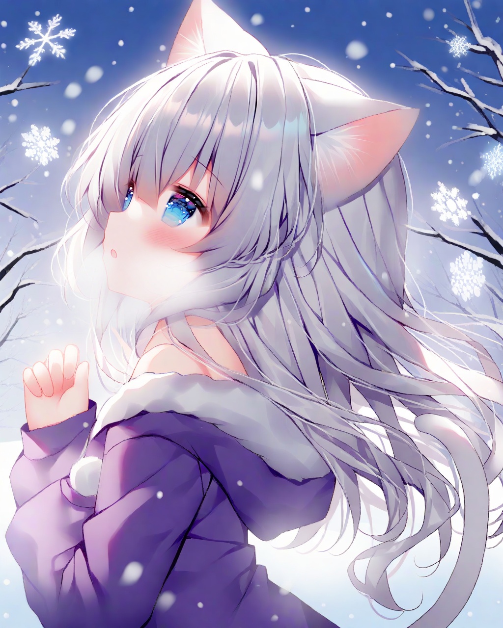 (Best-A:1.1),guo_jiang_mullay,1girl, animal ears, tail, blue eyes, solo, cat tail, cat ears, cat girl, white hair, hood, long hair, animal ear fluff, hood down, outdoors, snow, blush, parted lips, upper body, tree, snowing, winter, snowflakes, fur trim, breath, looking up, hooded jacket, from side