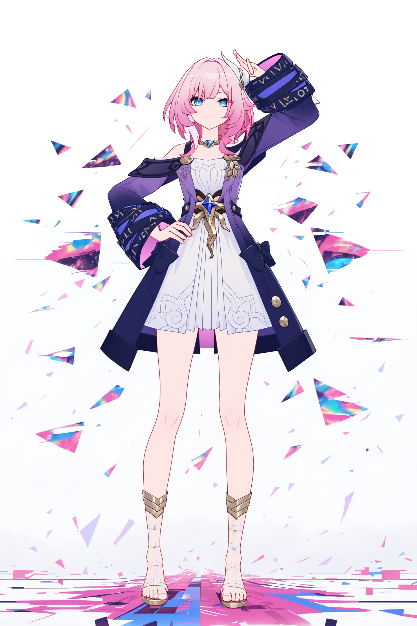 score_9,score_8_up,score_7_up,score_anime,8k,best quality,masterpiece,(ultra-detailed),(high detailed skin),(by nanoless, by misumi \(macaroni\),:0.5),<lora:YLI 0.1v:0.25>,<lora:style1:0.25>,A full-body portrait of a young girl,standing gracefully,pastel art style,high-key lighting,shoujo manga influence,hd quality,delicate details,full body,full shot,standing,looking at viewer,(solo:1.2),simple background,white background,hand on own hip,Digital Deconstruction,Glitch Art,<lora:Cyrene-pony-Tanger:0.8>,Cyrene \(honkai: star rail\), clothes: Cyrene def purple and white dress, 1girl, pink hair, blue eyes, bangs, sandals,