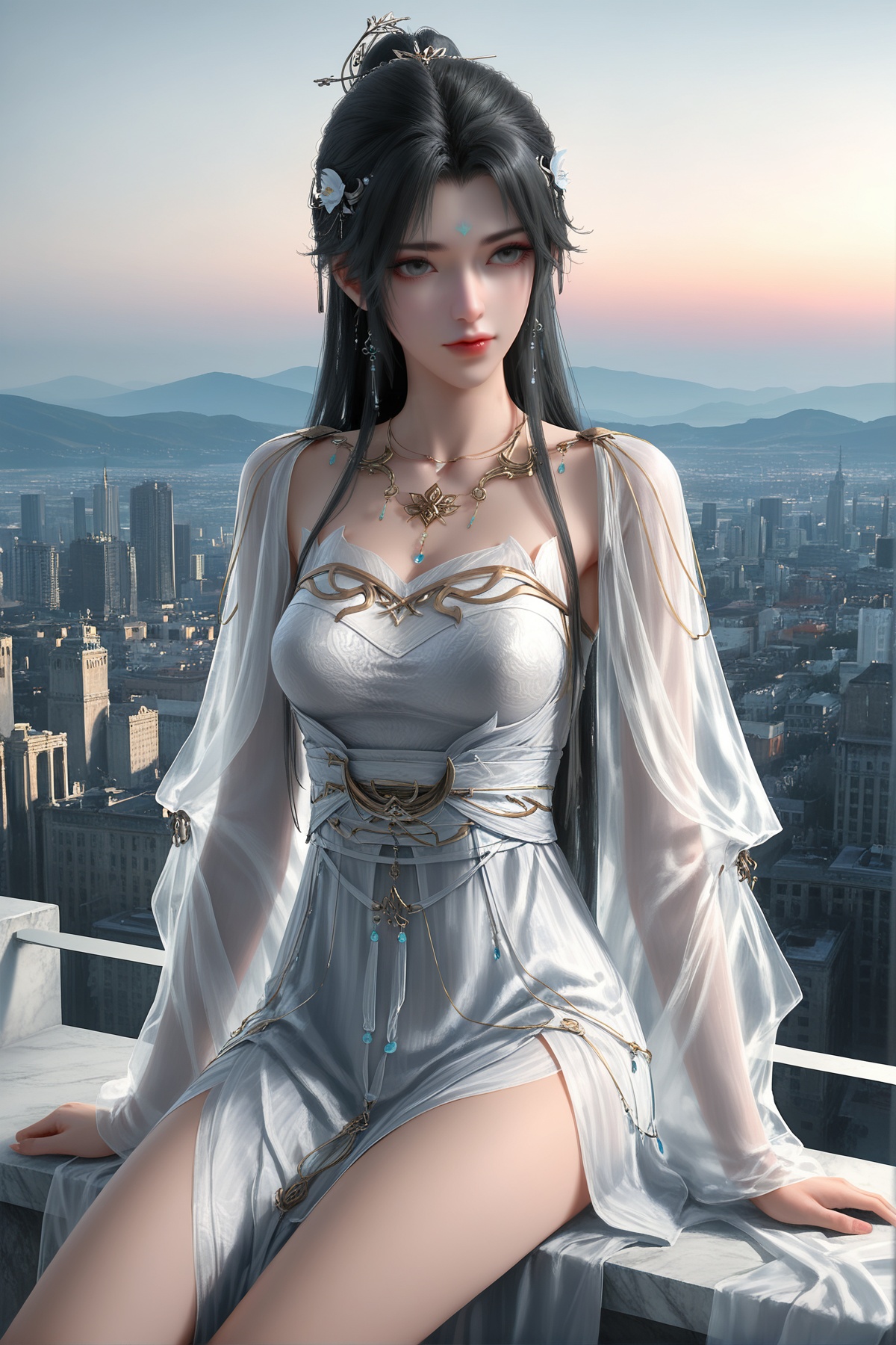 masterpiece,best quality,realistic,cinematic,detail eyes,(ultra-detailed),perfect composition,intricate details,absurdres,detailed face,high quality,high res,8K,<lora:X_qingyi_IL3.0:0.8>,black hair,grey eyes,1girl,long hair,breast,medium breast,hair_ornament,dress,looking_at_viewer,sitting,bare_legs,window,city,skyline,cityscape,(scenery:1.5),8k,good anatomy,good shading,ultra detailed,refined details,high resolution,HD,masterwork,nhl-001,limited palette,realistic,XUER guangying,748cmstyle,Gl9w,(artis:kukka:1.1),(artis:pigeon666:0.67),(artis:remsrar:0.65),(artis:yoneyama mai:0.74),(artis:konya karasue:0.55),(artis:ub1mo:0.34),(artis:dino_(dinoartforame):0.9),(artis:quasarcake:0.8),wlop,(artis:ebifurya:0.52),(artis:mossacannibalis:0.56),(artis:tianliang duohe fangdongye:0.8),(artis:z-ton:0.5),(photorealistic:1.2),(illustration:1.3),sharp focus,soft lighting,