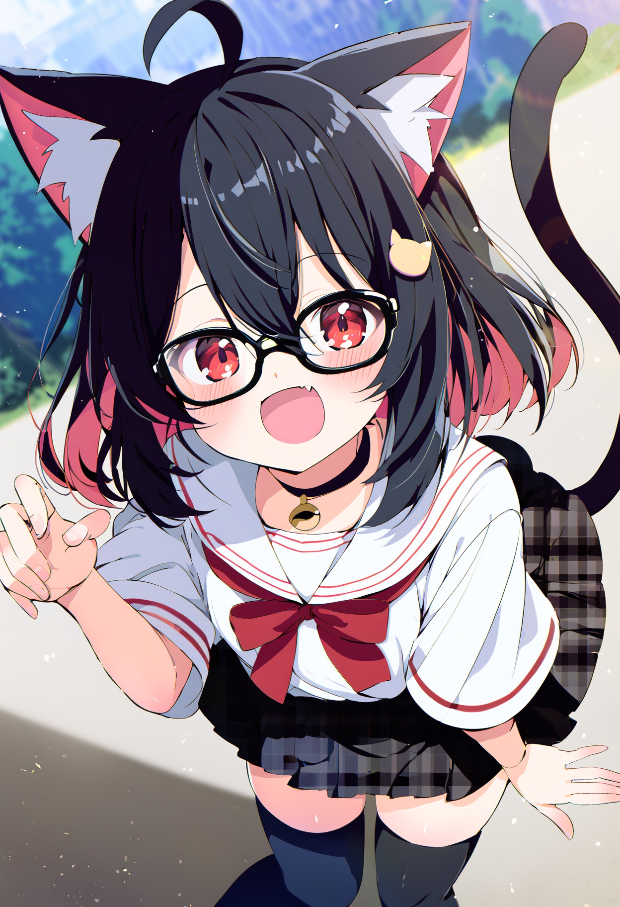 score_9,score_8_up,score_7_up,source_anime,<lora:Siro9_pony:1> BREAK 1girl,animal ears,solo,cat girl,black choker,multicolored hair,two-tone hair,black hair,cat ears,red eyes,glasses,ahoge,animal ear fluff,tail,cat tail,smile,star hair ornament,white shirt,red ribbon,fang,looking at viewer,plaid,thighhighs,:d,black skirt,short sleeves,hair between eyes,pleated skirt,bangs,open mouth,plaid skirt,outdoors,blush,black-framed eyewear,