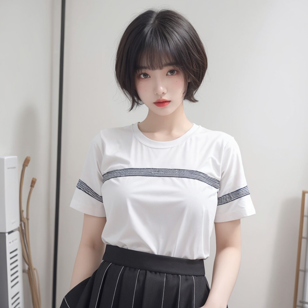 masterpiece, best quality, 32k, insane details, intricate details,,1girl, fashion photography, in style of angura kei，hime - cut, straight hair，in a minimalist Misasakan room，high-wistskirt，cllaredshirt，(short hair:1.4)，striped，blunt bangs，(Mole under eye:1.0),hand in pocket，flower，,<lora:meinv76:0.6>