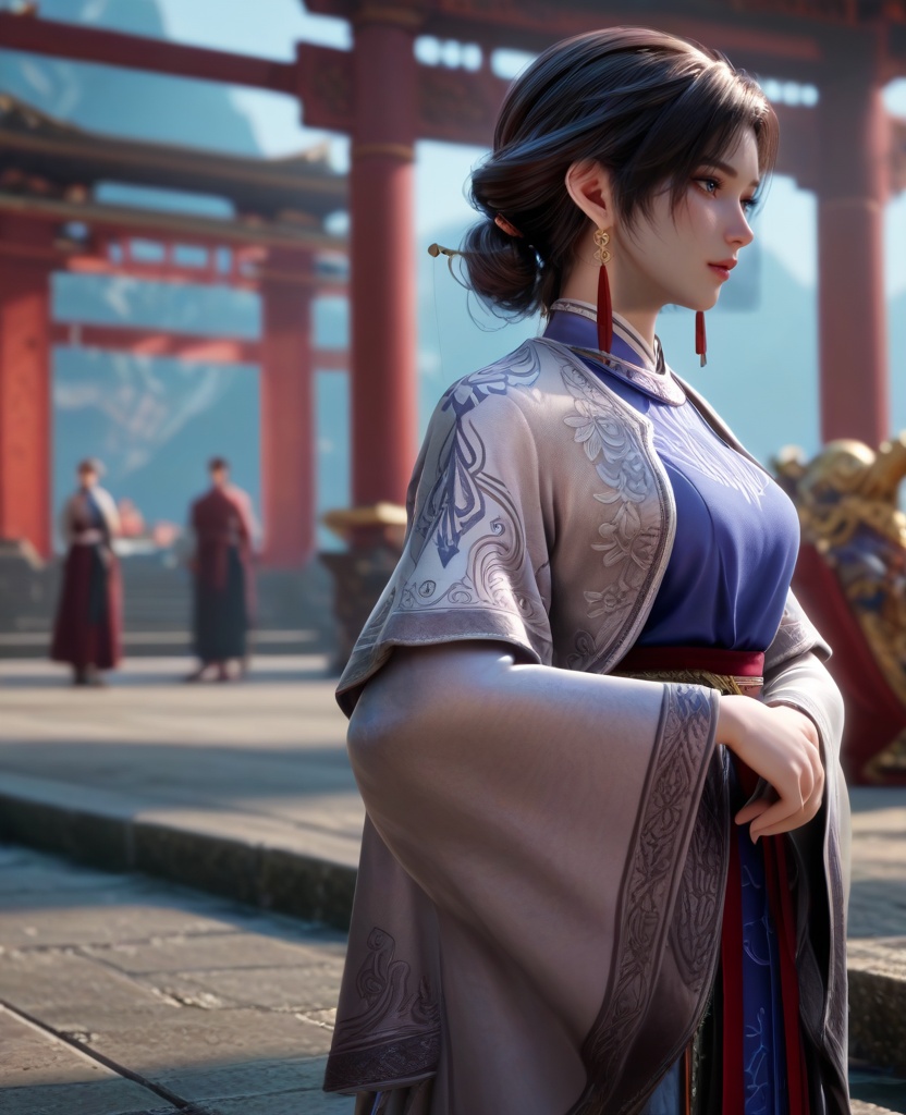 (oriental architecture, elegant decor, sophisticated style:1.1),(adjusting her collar:1.1),(breasts:1.2),<lora:XL16牧神记锦娘:0.95>,miss jinniang,blue shirt,white  jacket,blue eyes,black hair,single hair bun,earrings,red maxiskirt,wide sleeves,black footwear,, score_9,score_8_up,score_7_up,score_6_up,score_5_up,score_4_up,3d rendering,tag1,tag2, Cinematic Lighting,backlighting,