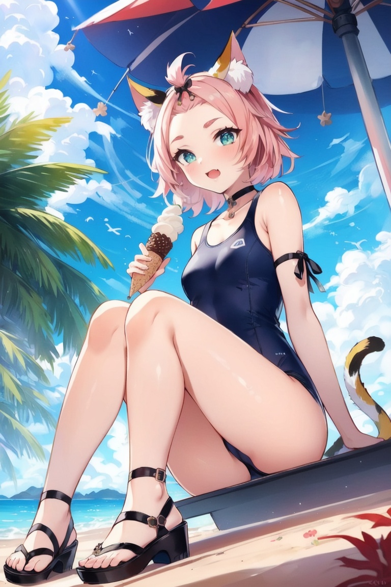((HRD, HUD, 8K)),((masterpiece, best quality)), highly detailed,Diona, 1girl, pink hair, diona (genshin impact), tail, food, animal ears, swimsuit, cat ears, cat, cat tail, beach umbrella, umbrella, one-piece swimsuit, short hair, blue one-piece swimsuit, sky, sitting, outdoors, cloud, solo, open mouth, bangs pinned back, blue sky, day, hair ornament, sandals, cat girl, holding, looking at viewer, holding food, thick eyebrows, choker, anklet, depth of field, forehead, flower, blurry, blurry foreground, food on face, ice cream, hair flower, ice cream cone, eating, green eyes, paw print, jewelry, fang, black footwear, full body, cloudy sky, blush, ribbon, short eyebrows, animal ear fluff, palm tree, bow, <lora:20240701-1719821584874:0.75>
