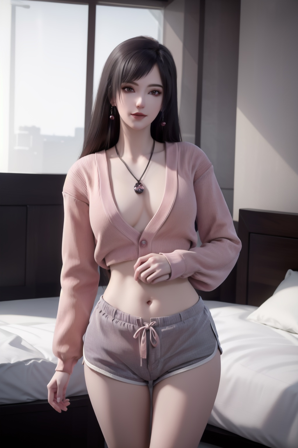 1girl, crop top, masterpiece, best quality, highly detailed,long hair,hair ornament,large breastssweater, sleeves past wrists,earrings,luxury bedroom,indoor,sexy pose,(pink dolphin shorts:1.2),standing,highleg panties,looking at viewer,(seducive smile:0.7),black hair, brown eyes, jewelry, earrings, necklace, cardigan, realistic