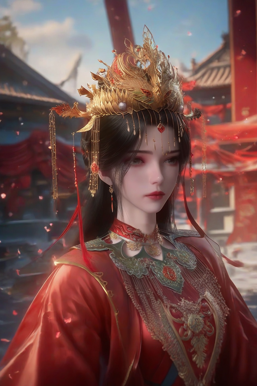 <lora:pony李慕婉婚服:0.7>,((cf)),1girl,solo,(black hair:1.4),(hair ornament:1.4),upper body,(Red dress:1.4),dress,score_9,score_8_up,score_7_up,XUER gufeng,<lora:绪儿古风XUER gufeng:0.45>,