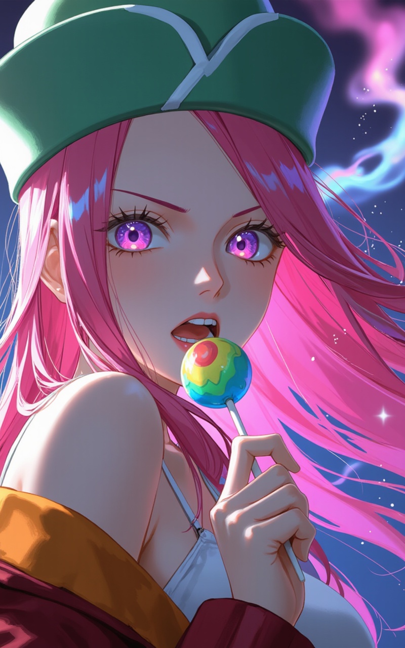 <lora:波尼8:0.9>Jewelry Bonney one piece,Jewelry Bonney\(one piece\),pink hair,purple eyes,hat,close-up，close-up, long hair,  pink hair, 1girl, food, long hair, solo, lollipop, candy, pink hair, hat, holding food, holding, open mouth, looking at viewer, breasts, jacket, upper body, holding candy, glowing, pink eyes, bare shoulders, holding lollipop, off shoulder, teeth, smoke, collarbone, purple eyes, open jacket, large breasts, bangs, green headwear, open clothes, upper teeth only,Close-up details,realistic style photo young woman,outstanding style,in her teens. Use soft lighting to cast gentle shadows on the subject,adding a touch of dimension to your images without compromising details,whirls of vapor,iridescent textures,(Anime:1.1),soft neon light,ethereal ambiance,delicate details,magical atmosphere,concept art,highly detailed,ultra-high resolution,32K UHD,sharp focus,best-quality,masterpiece,golden hour,unconventional supreme masterpiece,masterful details,temperate atmosphere,with a high-end texture,in the style of fashion photography,(cowboy_shot:1.2),photography,cover,Dynamic Angle,Dynamic posture,(cowboy_shot:1.2),(artist:quasarcake:0.8),extreme aesthetic,(wlop:0.6),(honjou raita,lack,rella,wanke:0.5),masterpiece,best quality,good quality,newest,year 2024,year 2023,very aesthetic,absurdres,Visual impact,A shot with tension,ultra-high resolution,32K UHD,sharp focus,best-quality,masterpiece,Emotionalization,unconventional supreme masterpiece,masterful details,temperate atmosphere,with a high-end texture,in the style of fashion photography,(Visual impact:1.2),giving the poster a dynamic and visually striking appearance,impactful picture,offcial art,(Cinematic Lighting:1.2),(colorful:1.3),splash of color,movie perspective,masterpiece,best quality,amazing quality,very aesthetic,absurdres,best quality,newest,
