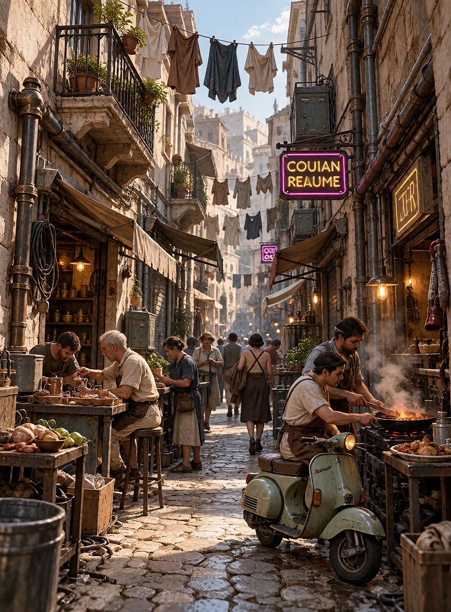 A lively morning in a working-class district of Roma Invicta,  narrow stone streets lined with multi-level insula building...