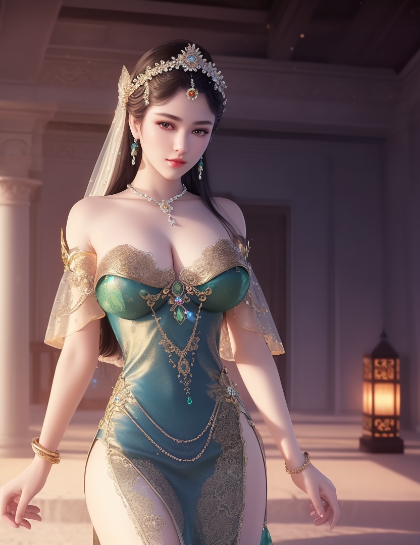 ultra realistic 8k cg, picture-perfect face, flawless, clean, masterpiece, professional artwork, famous artwork, cinematic lighting, cinematic bloom, perfect face, beautiful face, fantasy, dreamlike, unreal, science fiction,  beautiful clothes, lace, lace trim, lace-trimmed legwear,  (rich:1.4), prestige, luxury, jewelry, diamond, gold, pearl, gem, sapphire, ruby, emerald, intricate detail, delicate pattern, charming, alluring, seductive, erotic, enchanting, hair ornament, necklace, earrings, bracelet, armlet,halo((,1girl, pov,))(((,  1girl,  solo,looking at viewer, ))),(((1girl, solo, dress, jewelry,large breasts, )))<lora:DA_WhiteSnakeGreenSnake:0.7>