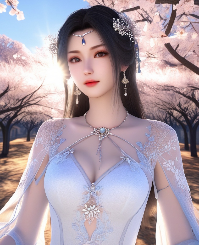 <lora:604-DA-XL-星辰变-姜立V2-新衣:0.8>(,1girl, ,best quality, ),looking at viewer,  ,, ultra detailed background,ultra detailed background,ultra realistic 8k cg,,masterpiece, (( , )), fiction,mole,  ,     ,see-through, lace, (cleavage),(((, solo, sun, , bare_tree, )))