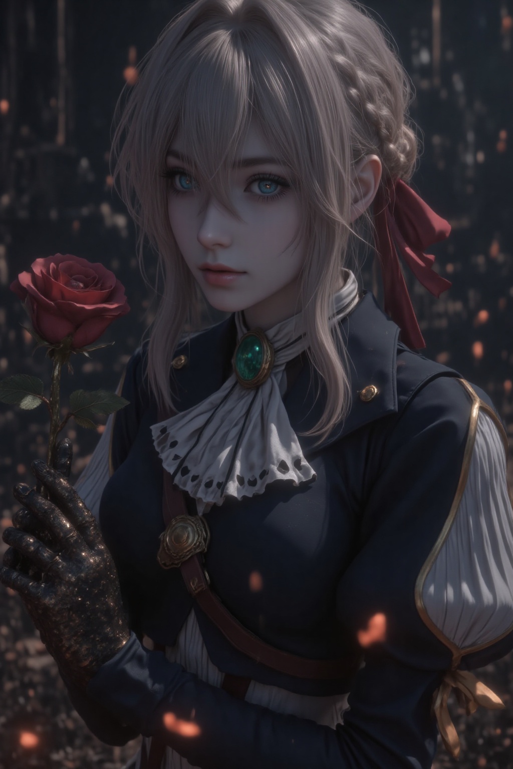 woman,  The image depicts a character with long,  light-colored hair and striking blue eyes. The character is dressed in a...