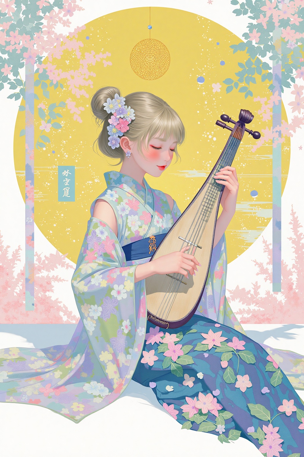 beijihui,Captured from a digital painting, a young Asian girl is seated on a white surface, playing a stringed instrument. She is dressed in a kimono, adorned with pink and purple flowers, and her hair is tied in a bun. Her eyes are closed, and she is adorned with a red lipstick. Her hair is pulled back in a ponytail, adding a pop of color to her face. The background is a vibrant yellow, with a splash of pink and blue, creating a festive contrast to her outfit.