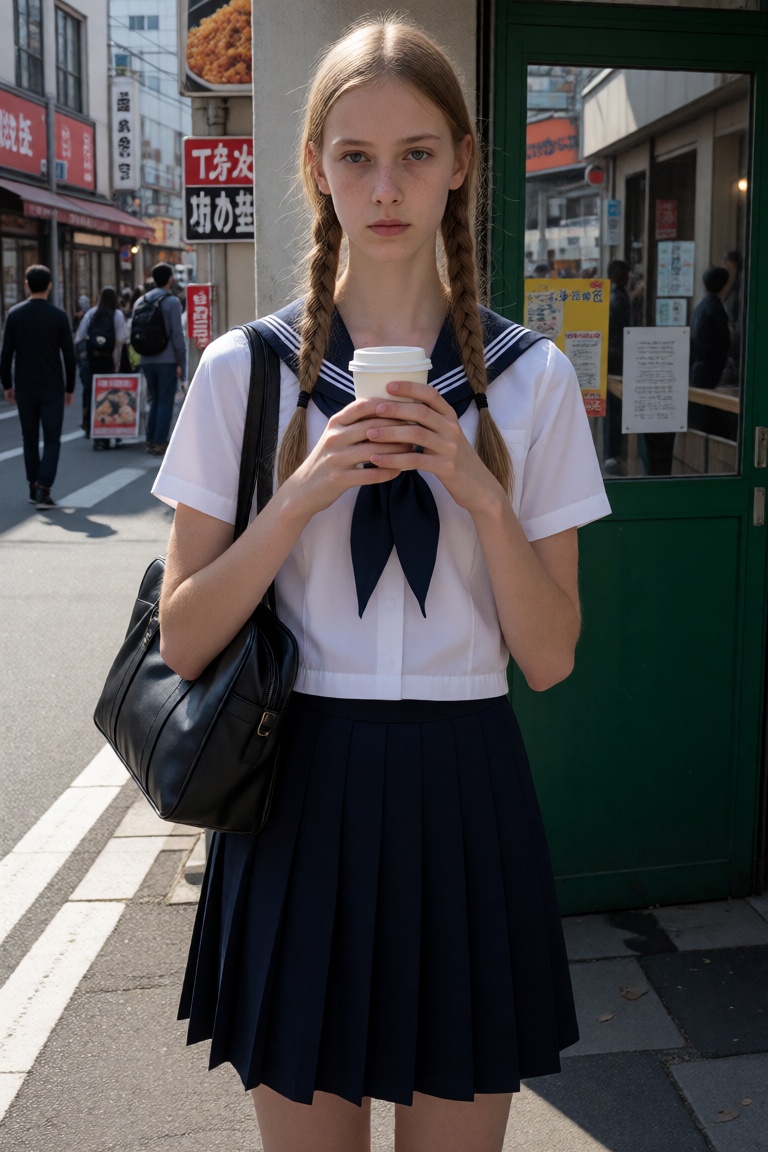 The image is a high-resolution photograph featuring a young woman standing in an urban setting,  likely in Japan,  based o...