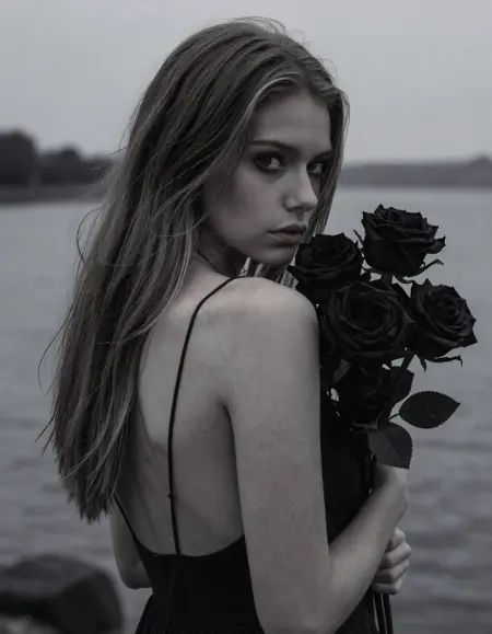 A cinematic,  moody portrait of a young European woman,  her facial features and expression remaining completely unchanged...