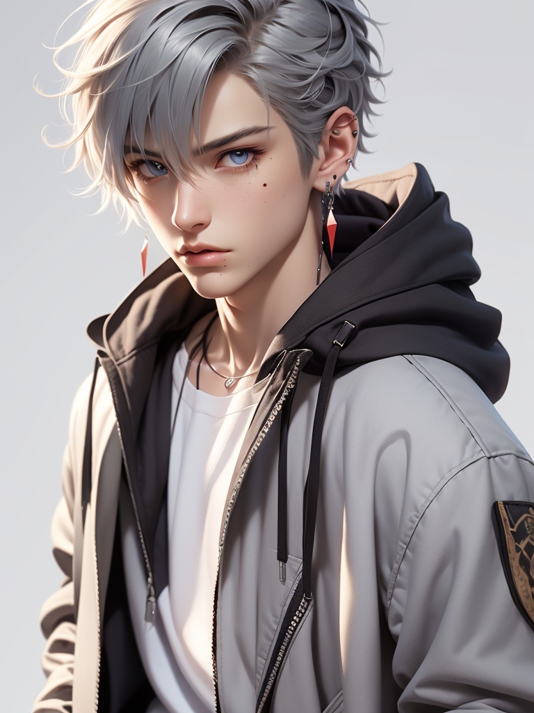 CG,solo, hood, looking at viewer, blue eyes, male focus, jacket, drawstring, earrings, 1boy, jewelry, grey background, upper body, mole, hoodie, hood down, open clothes, grey hair, simple background, hair between eyes, realistic, closed mouth, open jacket, zipper, short hair, mole under eye, bangs, lips