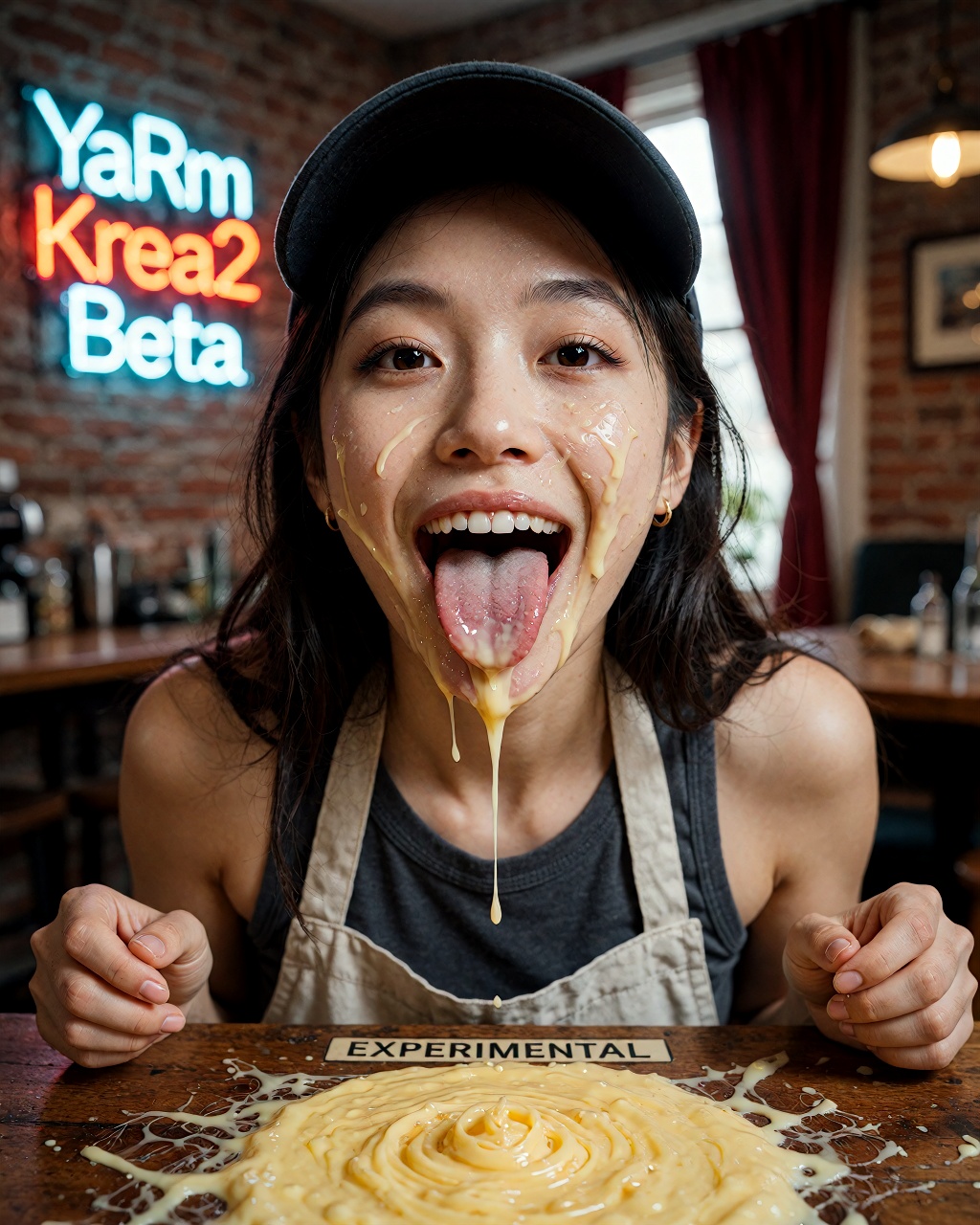 Hyperrealistic studio photograph featuring an expressive Japanese woman aged 22,  with long black hair falling in loose wa...