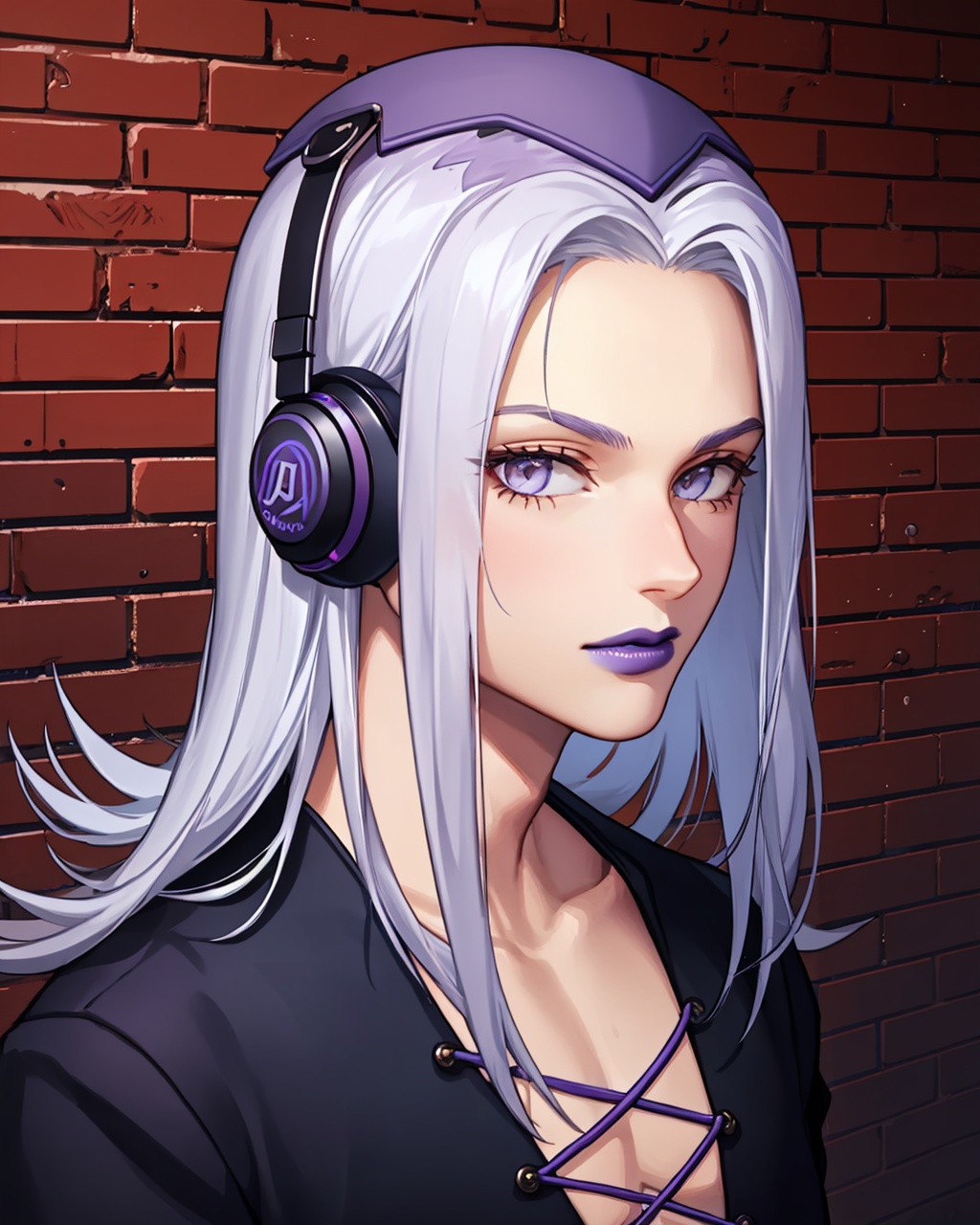 masterpiece,best quality, highly detailed, leone abbacchio,1boy, solo, male focus, hat, lipstick, brick wall, headphones, purple lips,<lora:leone_abbacchio:1>
