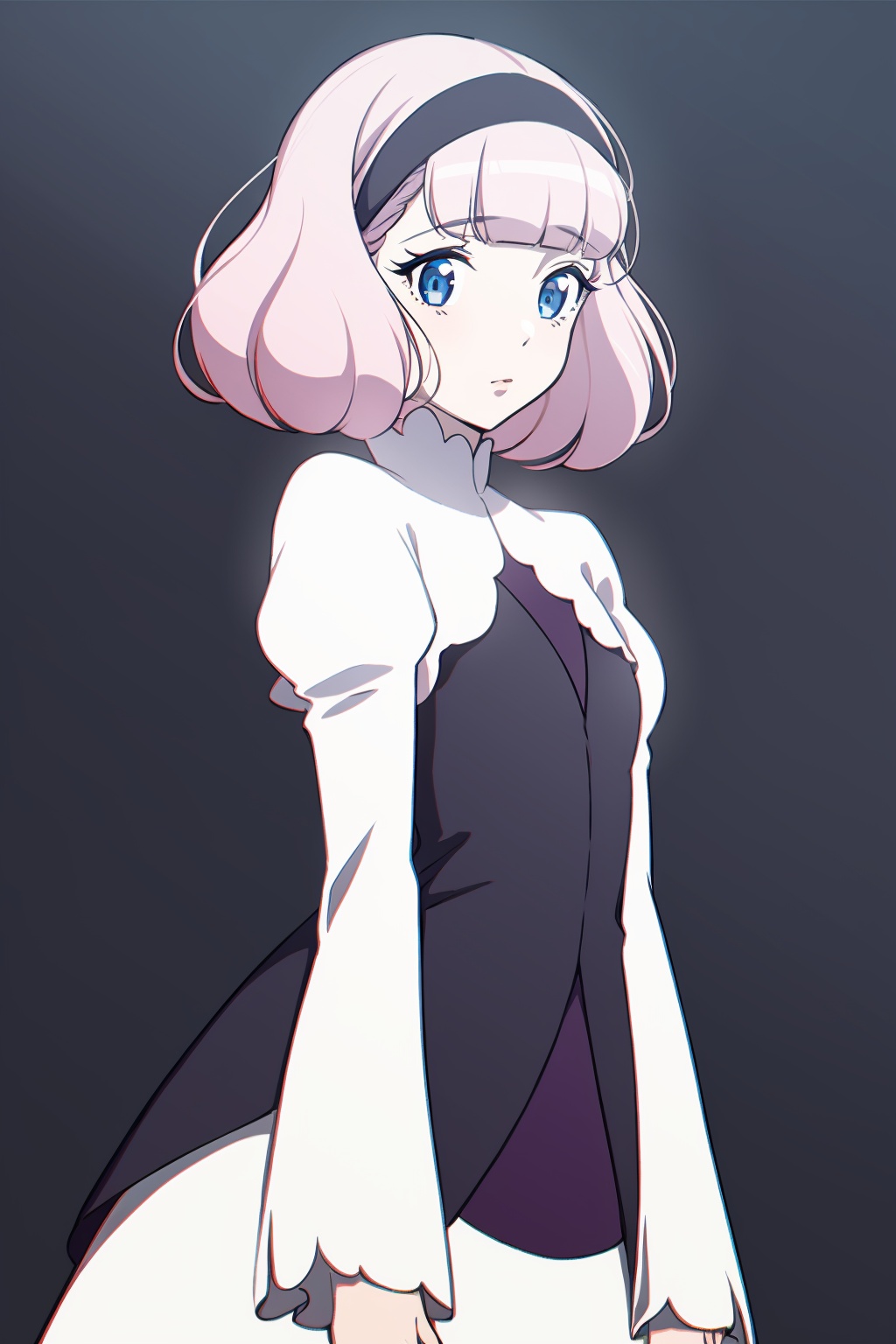 masterpiece, best quality, <lora:lemrina:1>,1girl,hairband,pink hair,short hair,blunt bangs, bob cut,blue eyes,dress,long sleeves,puffy sleeves, grey background, cowboy shot,