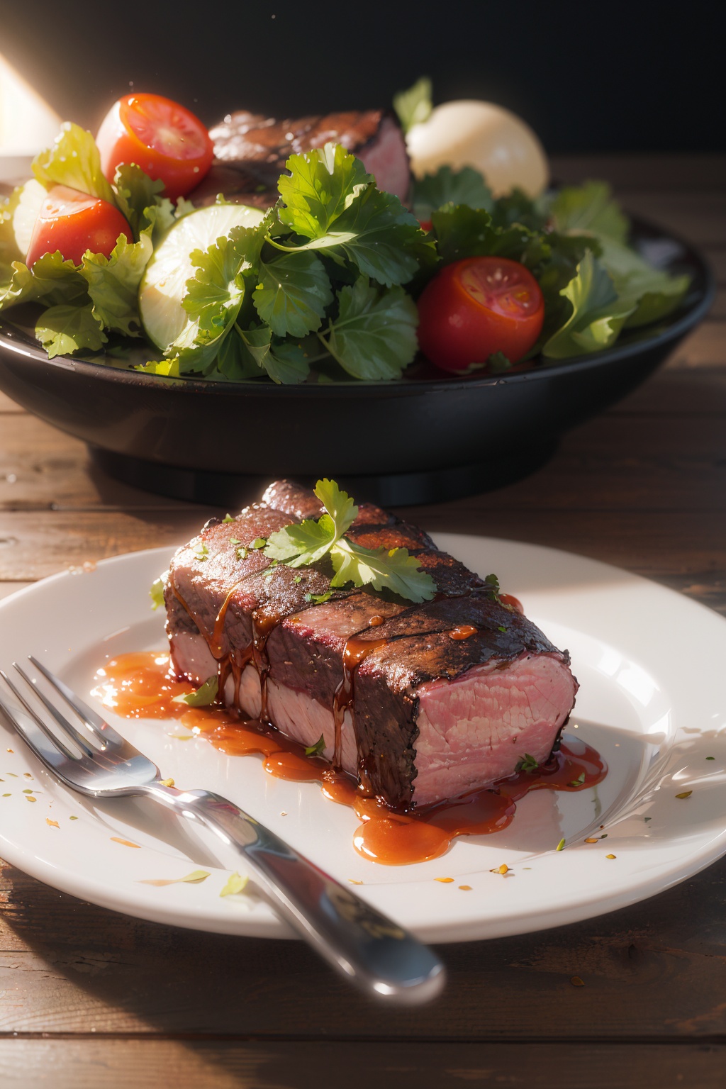 masterpiece,best quality,(ray tracing,cinematic lighting),realistic,close-up,still life,no humans,food,meat,leaf,vegetable,plate